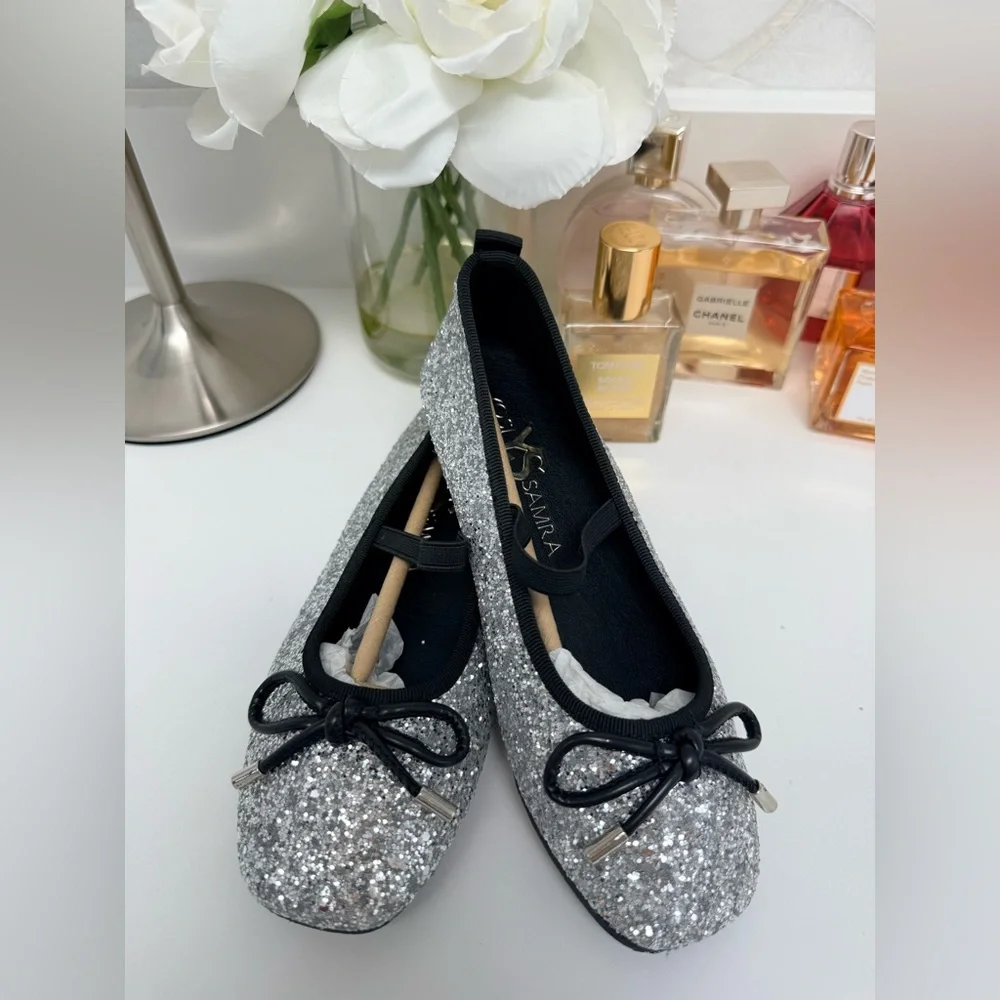 Yosi Samra Silver Glitter Kids Dress Shoes